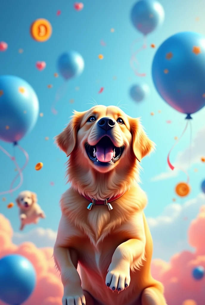 Create an image that celebrates International Dog Day. The image should feature a happy golden retriever looking up joyfully, surrounded by floating blue balloons in the background. Include logos of popular dog-themed cryptocurrencies like Dogecoin, Shiba Inu, and others floating around the dog like bubbles or balloons. At the bottom of the image, add the text: 'International Dog Day Meme Contest - Share your favorite dog-themed coin with HTX' and 'Win $300'. The design should be colorful, cheerful, and festive."