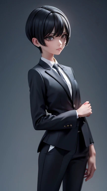 Adult sister、Black Hair,、Short Hair、In a suit、pants、
