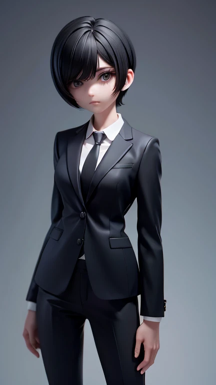 Adult sister、Black Hair,、Short Hair、In a suit、pants、
