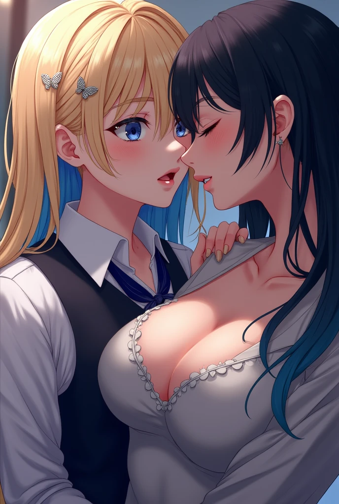 2girl,looking at viewer, yuri, kiss, drooling、face to face,tongue out,licking tongue,, sweaty, nsfw,,gyaru, collarbone, bow, loose bowtie, white shirt, collared shirt, long sleeves, bracelet, wrist scrunchie,blue skirt, pleated skirt,
clothes around waist, licking each other's tongues,low angle shot,cum on tongue