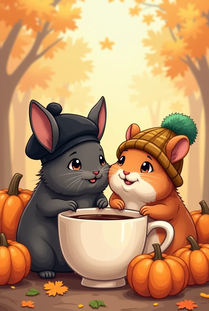 an animated picture, for a mug depicting: a black mini lop rabbit with floppy ears in a black beret, a red Syrian hamster. with a hat with a green pompom with autumn accessories, pumpkins, a drinking mug with coffee