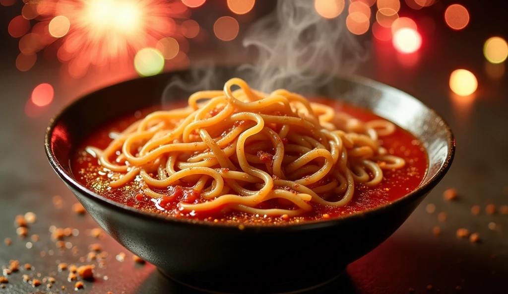 "A mouthwatering image of a steaming bowl of Spicy Sichuan Noodles with a rich and flavorful broth. The image could be enhanced with a touch of gold glitter or a festive background of fireworks."