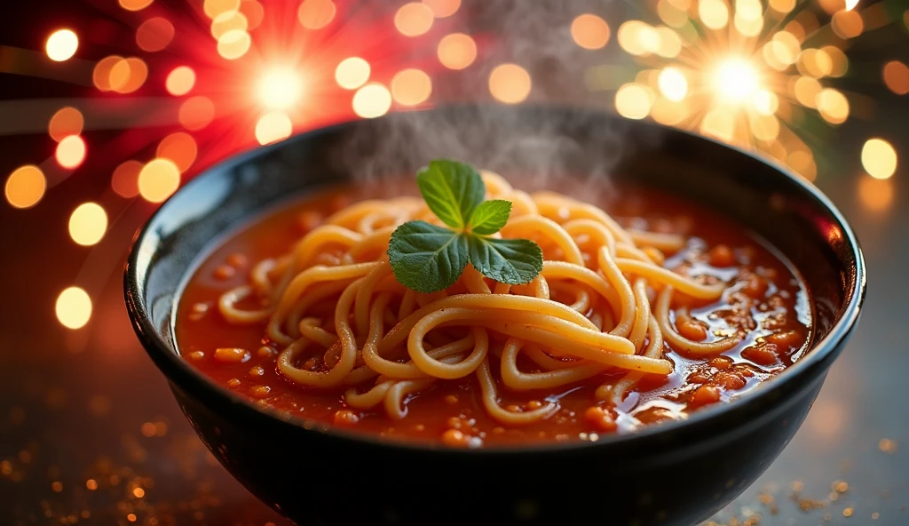 "A mouthwatering image of a steaming bowl of Spicy Sichuan Noodles with a rich and flavorful broth. The image could be enhanced with a touch of gold glitter or a festive background of fireworks."