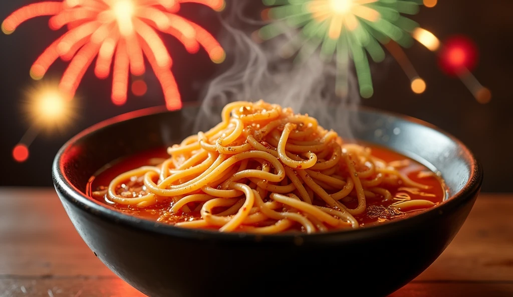 "A mouthwatering image of a steaming bowl of Spicy Sichuan Noodles with a rich and flavorful broth. The image could be enhanced with a touch of gold glitter or a festive background of fireworks."