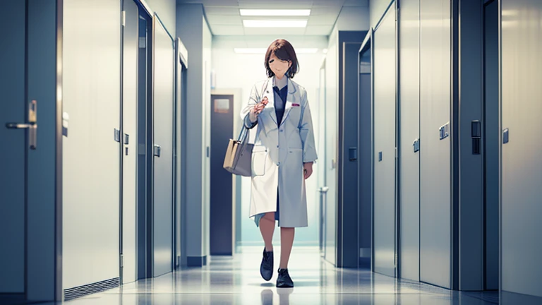 In the hospital corridor、Please draw an illustration of a female doctor in a white coat walking while checking a medical record.。The female doctor has a serious expression、On my way to my next appointment。In the background you can see hospital room doors and hospital equipment.。