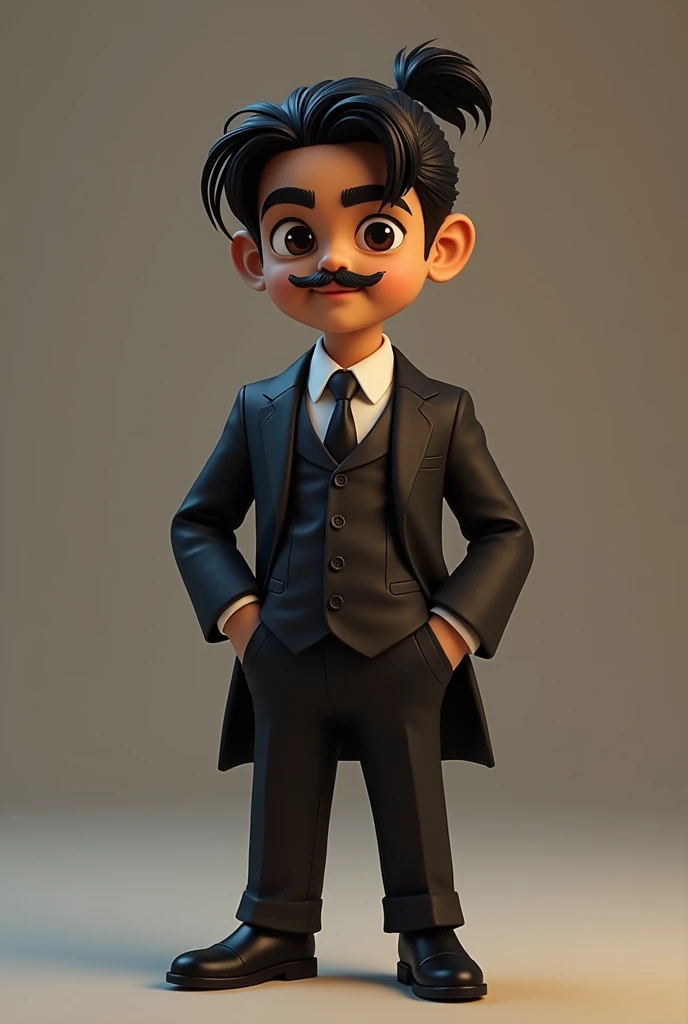 A young gangster guy who is 3 and always wear executive coats and suits .he have not beard but a horseshoe moustache
. Avg Long hair with pony tale . And an attittude face looks like dulquer salmaan. Short forehead . Lovable face