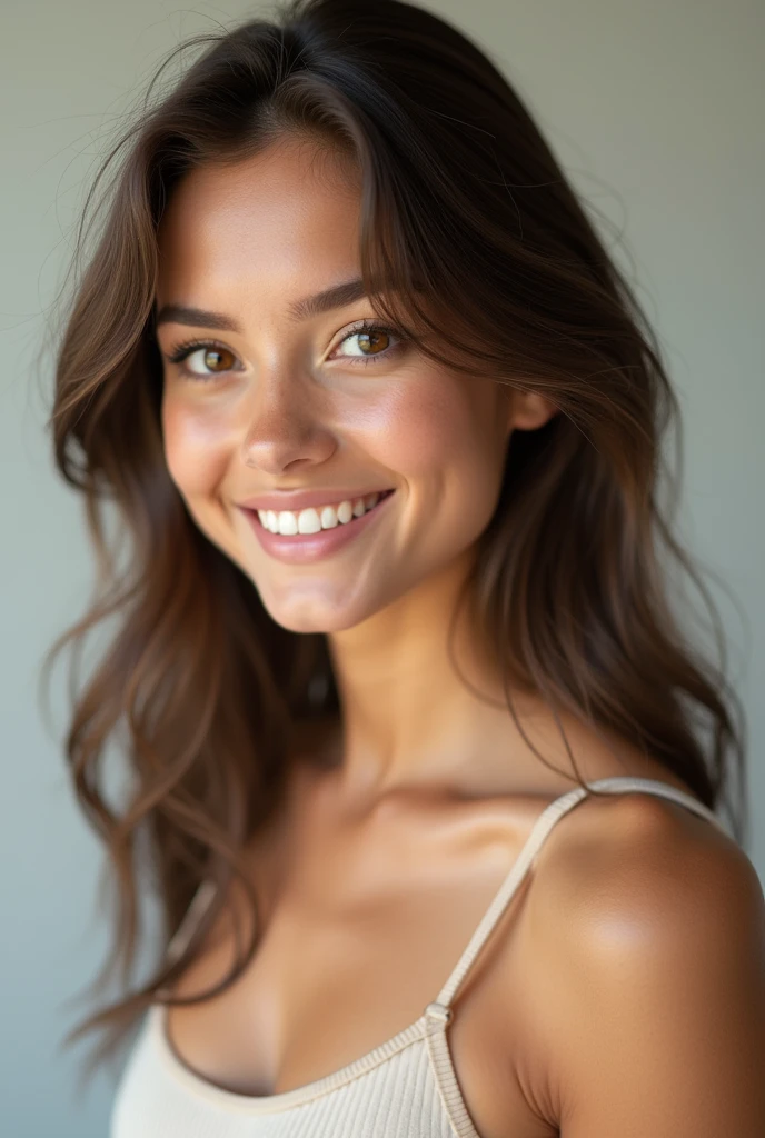 (Portrait of a beautiful 1 girl, Short medium shot, focus on girl, his face in the frame, maximum realism, details face, skin pores skin texture)), very youthful, very young, Light brown or slightly tanned skin, light brown hair color, Brown eyes, model body, slim, regular but well formed tits, cintura slim, thick legs with big proportionate ass. Beautiful girl looks at the camera smiling, her body facing the camera, maximum definition. Detailed face