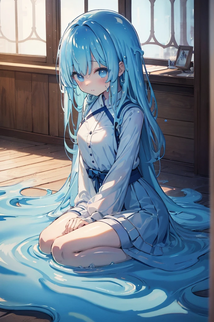 Slime Girl,light blue,composition,cute,Masterpiece,light blueのスライム,Transparent,Natural Light,Super detailed,Ultra HD,clear,White background,Completed blue,liquid,Masterpiece,An illustration,Fine details.