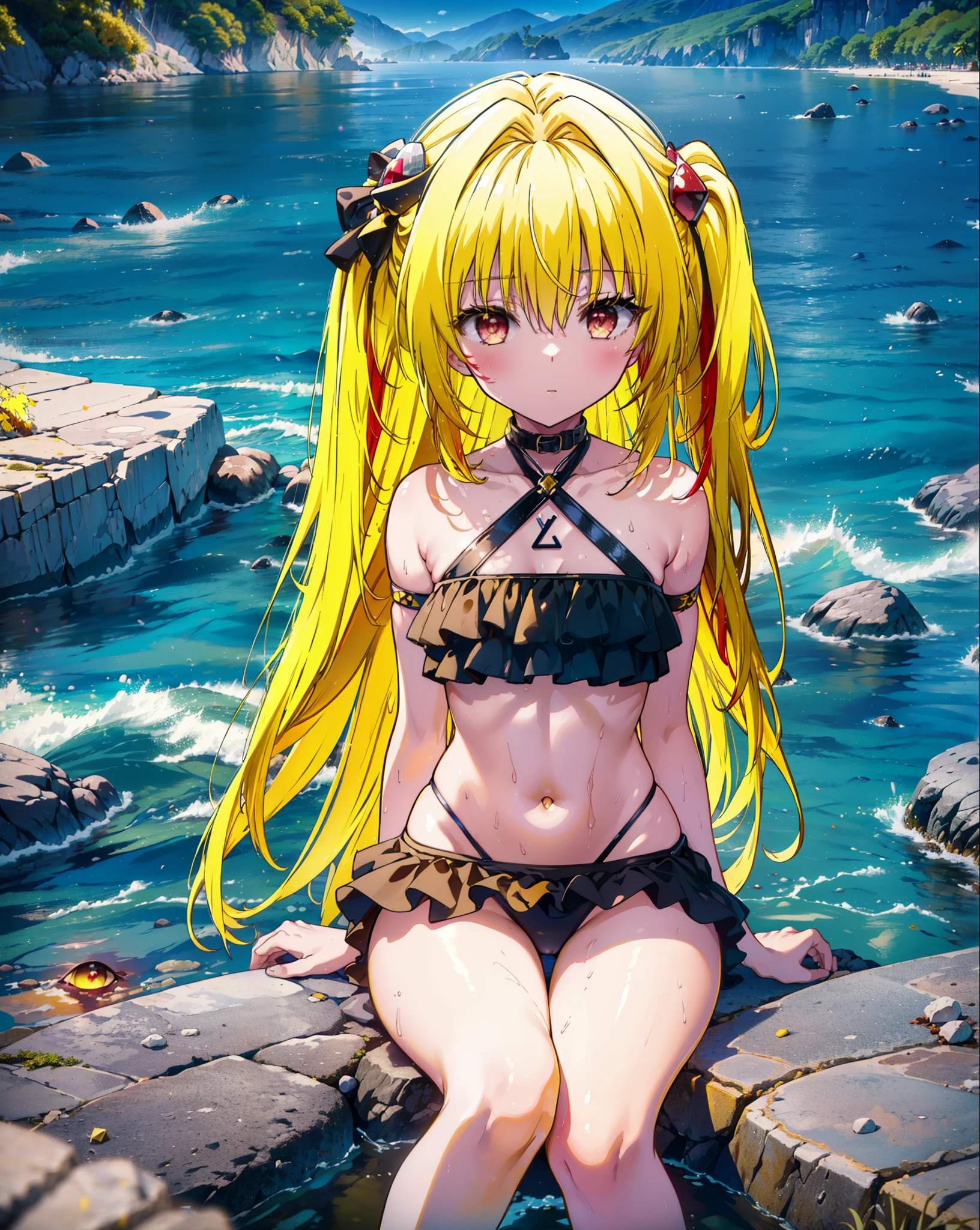 toloverumy, my, (Yellow Hair:1.5), Long Hair, (Red eyes:1.5), (hair ornaments:1.2), Both sides up, Black frilly bikini swimsuit,Wet Hair,Wet swimsuit,Wet Skin,barefoot,Sitting on a big rock,Rocky area,night,moonlight,meteor,whole bodyがイラストに入るように,
break outdoors, Beach,
break looking at viewer, whole body, (Cowboy Shot:1),
break (masterpiece:1.2), Highest quality, High resolution, unity 8k wallpaper, (figure:0.8), (Beautiful attention to detail:1.6), Highly detailed face, Perfect lighting, Highly detailed CG, (Perfect hands, Perfect Anatomy),