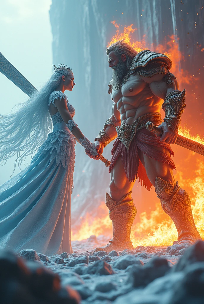 3D view, two giants, a queen holding a giant sword made of ice ((dressed in clothes made of ice and snow))  attacking a king holding a giant sword made of lava ((perfect body, perfect muscle lines))