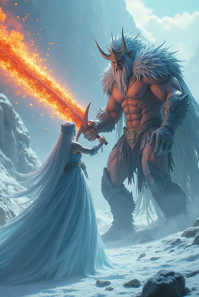3D view, two giants, a queen holding a giant sword made of ice ((dressed in clothes made of ice and snow))  attacking a king holding a giant sword made of lava ((perfect body, perfect muscle lines))