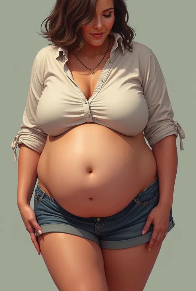 generate an image of a woman with a huge belly, full of curves and wrinkles. Her waist is practically invisible, completely hidden under the rolls of her bulging belly. His shirt rises slightly, exposing part of her skin and the beginning of a large, round, sagging belly. Her hips are also widely developed., swinging her disproportionate and feminine figure.