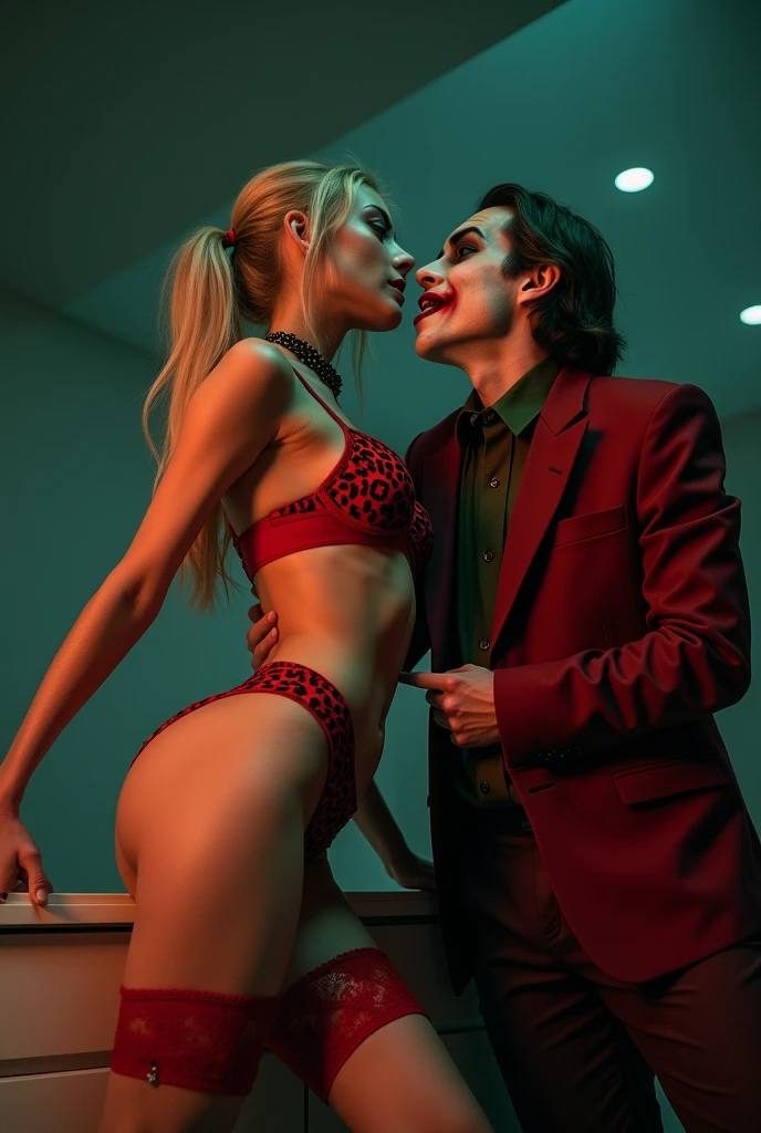 Cinematic image filmed from below of Harley Quinn in transparent red leopard-print lingerie sitting on the counter with her legs open and Joker trying to rip off her with his mouth