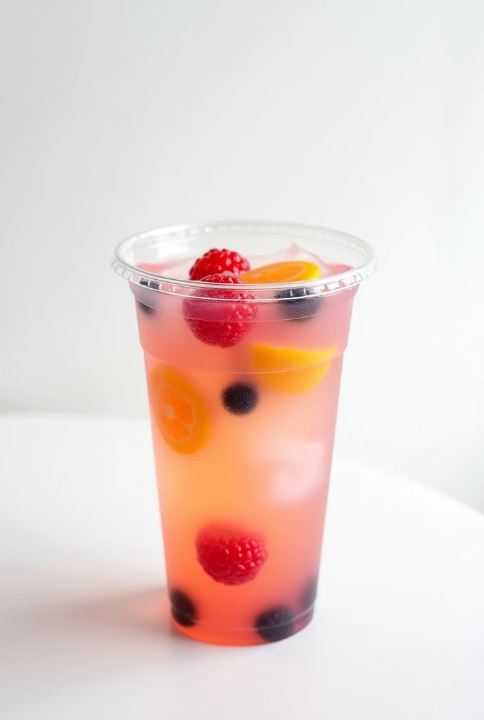 Iced jelly on top with fruity in the clear plastic cup white background 