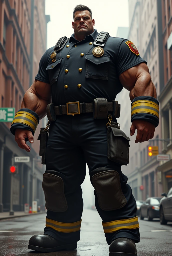 Ryder is a 6’5” absolute monster of a Caucasian bodybuilder. He is wearing a fireman’s dress uniform, which is stretched tight to accommodate his massive frame.