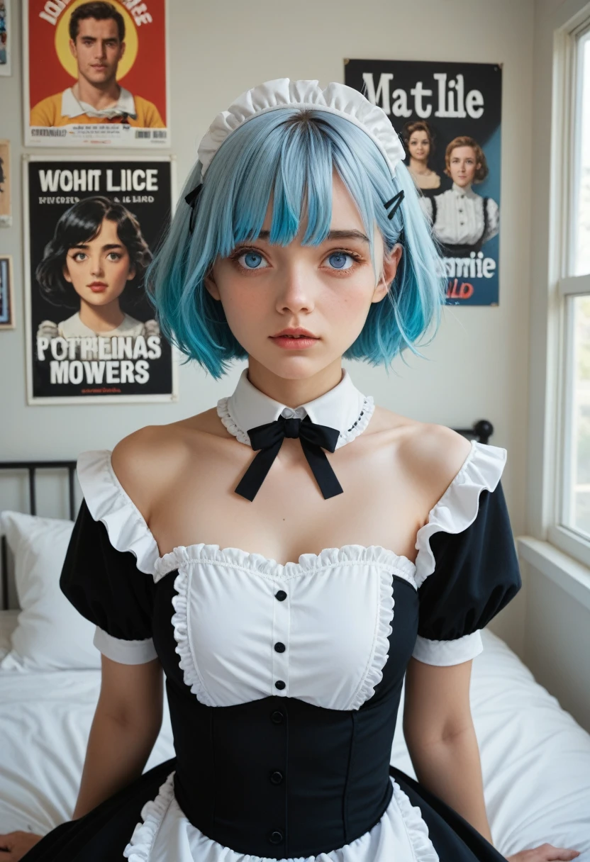 Poster, text, lid, ((poster lid)), ((magazine lid)), masterpiece, superlative, Spring Dress, dyed hair, magazine lid, upper body, 1 girl, maid outfit, light blue short hair, black outfit, maid outfit, bed, open shoulders, Blue eyes, hairpins, whole body, sitting on bed, ((bangs combed to the right))), window, Sun Ray, (symmetrical eyes) magazine lid, upper body