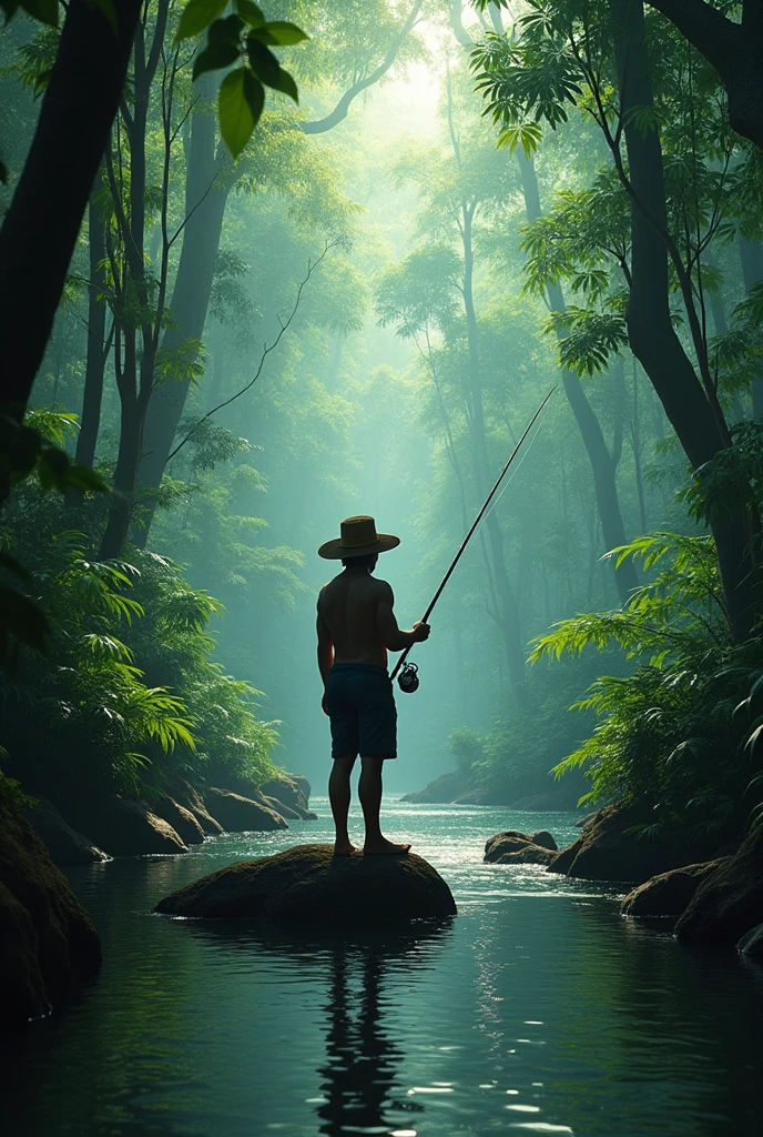 YouTube video thumbnail where we see inoxtag who is in the Amazon forest with his luffy hat and he is standing on a rock and the scenery is filled with trees , of vines and there is a river behind him very discreet and he is fishing for a tarpon