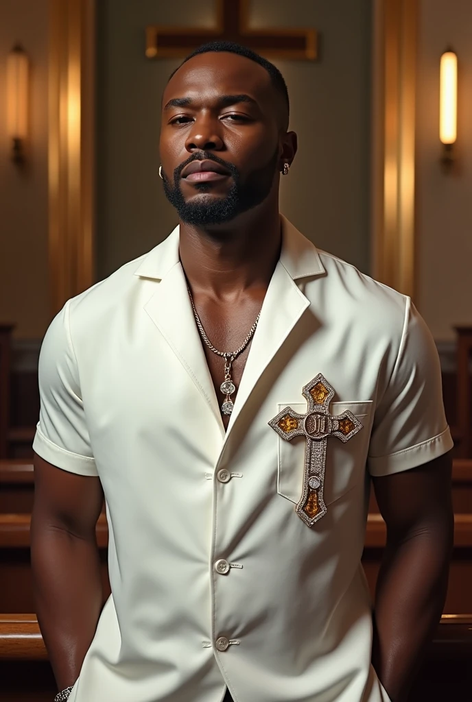 Strong forty year old black man, very elegant and sophisticated, with a goatee, white undershirt, with lapel style pocket in the long LINE swag model, short-sleeved, The shirt has a large silver cross embroidered in the center, very long, studded with diamonds and gold on the edges with the letters DL, in the middle of the cross Italian loafer shoes The model is in an evangelical temple 