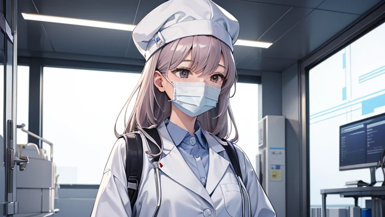 A female doctor in a white coat、Please draw an illustration of preparations being made in front of an operating theatre.。The female doctor wears a surgical cap and mask、A concentrated expression as he prepares for surgery。The background depicts an operating room door and disinfectant.。