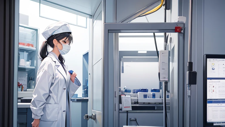 A female doctor in a white coat、Please draw an illustration of preparations being made in front of an operating theatre.。The female doctor wears a surgical cap and mask、A concentrated expression as he prepares for surgery。The background depicts an operating room door and disinfectant.。