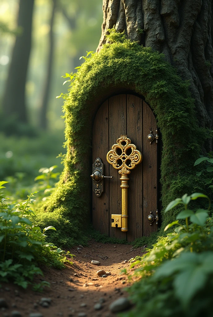 A golden key fitting into a rusty lock on a small wooden door in a forest