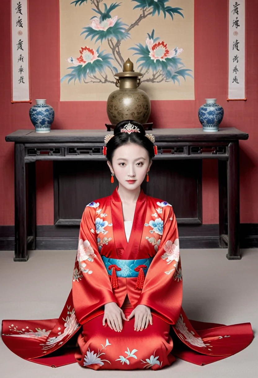 Empress of the Qing Dynasty, A nude woman wearing a red floral Hanfu jacket, Squat down with your legs wide apart, Front view, Inside the Qing Dynasty Palace