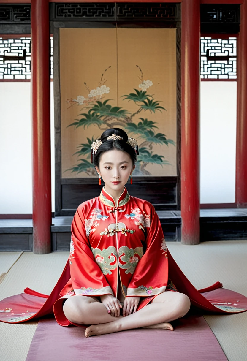 Empress of the Qing Dynasty, A nude woman wearing a red floral Hanfu jacket, Squat down with your legs wide apart, Front view, Inside the Qing Dynasty Palace