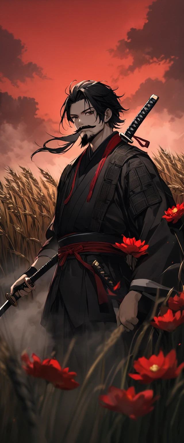 Scarlet Silk Ronin Costume。fog,Standing in a wheat field。Bust Shot。Dark Eyes。clothes are blowing in the wind。Grin。katana。Holding a katana。Stylish pose。dynamic angle。Mustache。Beard。Messy long black hair。 A thin young ronin。alone。Spooky atmosphere。Japan。濃いfogの世界。Red Sky。Red flower,Chiaroscuro,Black tree。