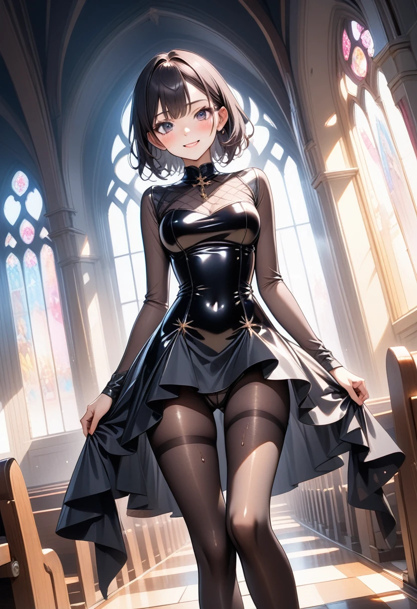 grim reaper, (Evil smile), (((Widow Costume, Leather panties, skirt, Pantyhose, Stiletto heels))), ((Shiny Costumes)), ((skindentation)), skinny, solo, 1 woman, Masterpiece, highest quality, highest quality, 16K, incredibly absurd, highly detailed, 2.5D, ai-generated, delicate and dynamic, very delicate facial expressions, delicate eye depiction, erotic, only sexy woman, ((A cute and kind face)), healthy figure, ((1 woman)), 160cm tall, medium firm swaying bust, Dark Hair, blush, Sweat,Embarrassed,sexy, ((thin thighs)), shiny and lustrous, facing straight at viewer, (((in heat))), ((Oily_skin)), ((Lots of sweat)), ((dutch angle)), ((erotic pose)), (((Dynamic Pose))), ((Transparent and sparkling costume)), ((Inside the church chapel)),