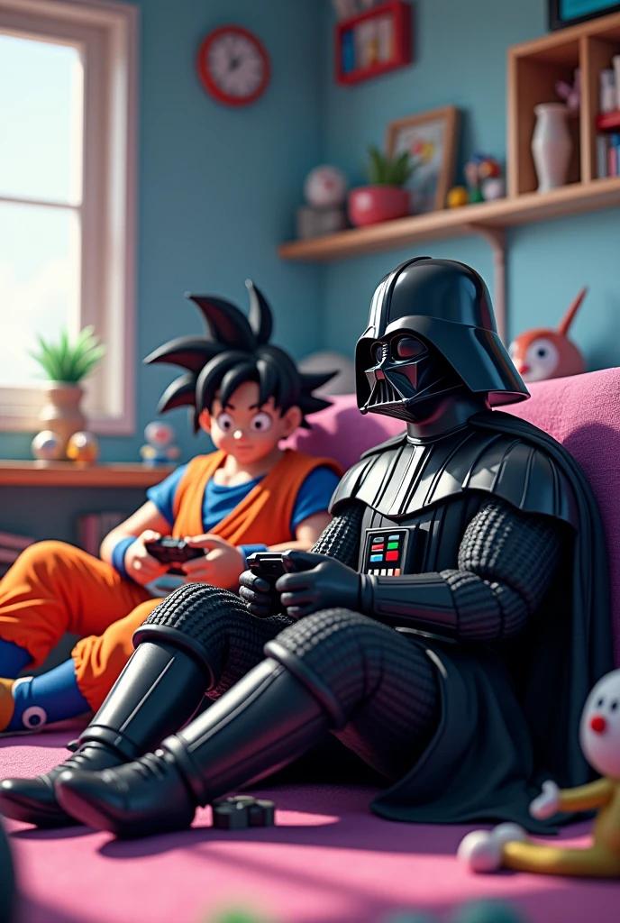 I want Dark Vader playing playstation with Son Goku in Doraemon's room