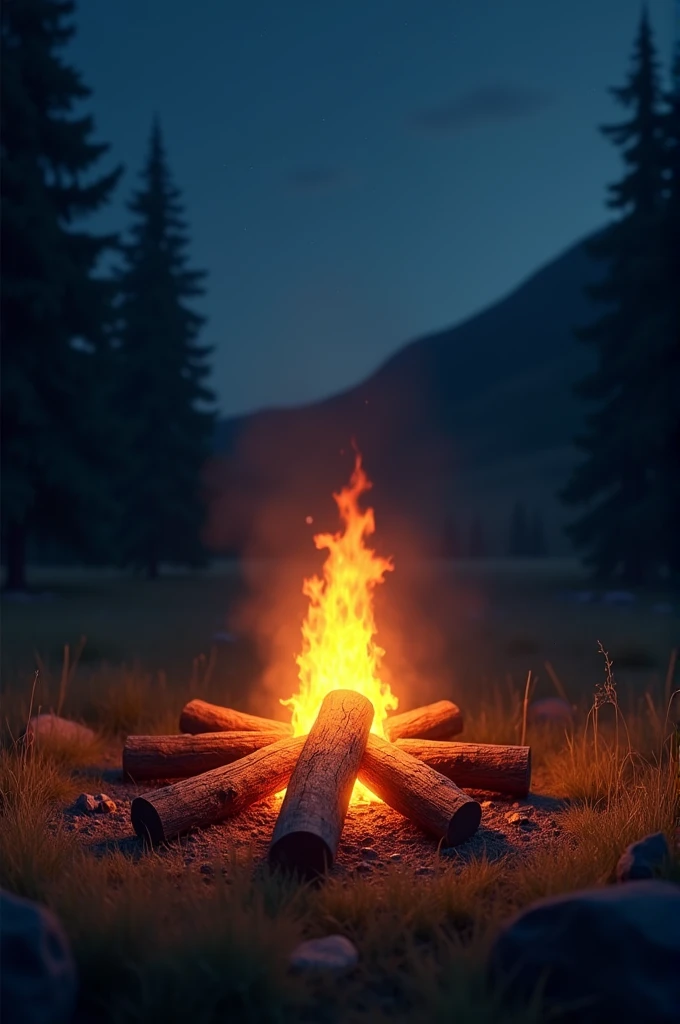 "Campfire with wood, at a campsite on grassy ground at night, with a focus on the flames."