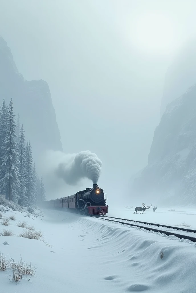 train in snowy plain and huge icy lake.and a lot of reindeers and fog