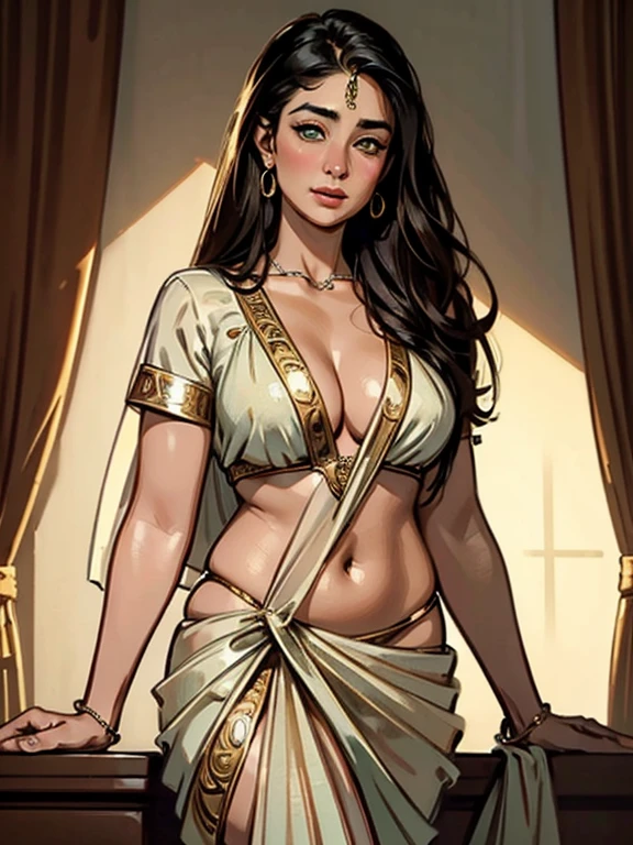 kareenak, beautiful detailed face of kareena kapoor, realistic indian model, light green eyes, long black hair, white and gold saree, indian saree , small breasts, indian belly,beautiful detailed eyes, beautiful detailed lips, extremely detailed face and features, fair skin, shiny skin, wide hips, sexualized, (best quality,4k,8k,highres,masterpiece:1.2),ultra-detailed,(realistic,photorealistic,photo-realistic:1.37),intricate details,soft lighting,warm color tones,elaborate jewelry,sensual pose,cinematic composition