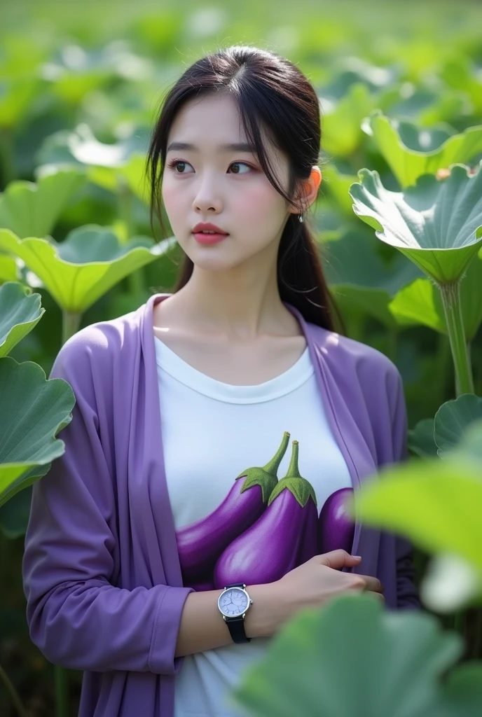 Beautiful Korean girl, smooth white skin, well-groomed face, tied black hair, posing in a very fertile and beautiful eggplant field, purple jacket, white t-shirt with purple eggplant pattern, cool watch, 