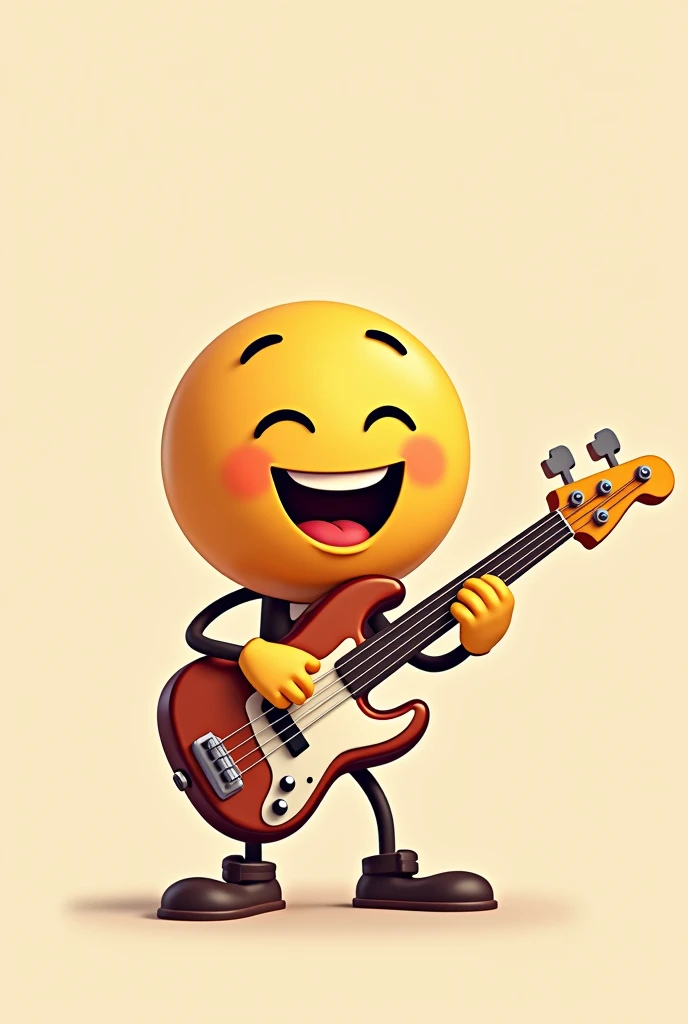 Happy smiling emoji type drawing playing electric jazz bass with 4 strings 4 tuning machines
