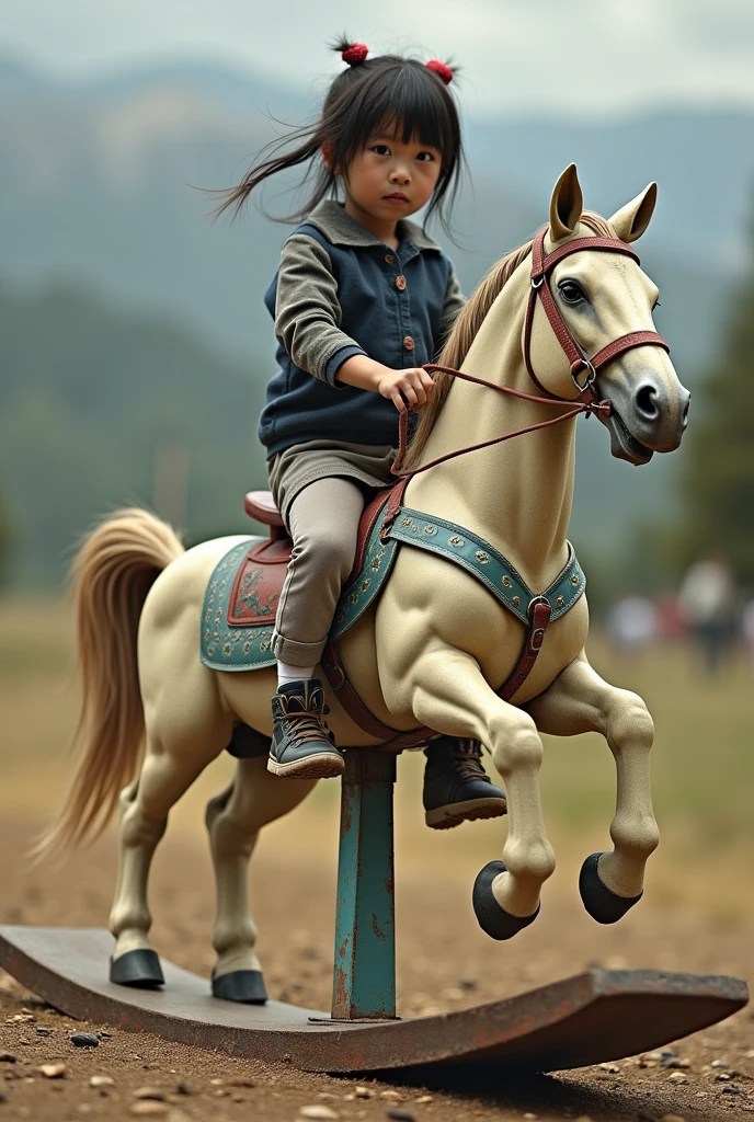 The triangular horse rocks back and forth at regular intervals like an electric cradle.、Japanese girl slave straddles her legs and slides on the seesaw。