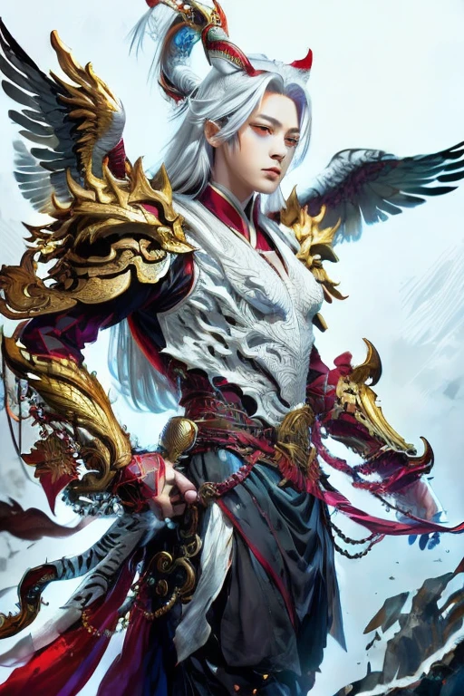 Handsome young xianxia protagonist,man,guy,long silver hair, use floating phoenix crown,Crimson red and golden amber eyes combination ,eyes focus detailed((no noice)),(((no noice))),and long silver hair with white undertone,(no noice)),use armour featuring like pattern on furr of white Tiger chinese with white dominant color,pauldron protective shape like dragon head,breastplate featuring like white Tiger,breastplate detailed white Tiger shape,shoulder protective dragon shape like white Tiger,sun and moon background, white dominant color,white dominant color, white dominant color armour,with majestic silver line , ((no noice))And majestic golden wings at back,wings at back,terrifying aura around,24K ultra hd,face and eyes detail,lips and face detail,masterpiece ,better quality,ultraa realistic face((no noice)),good face proportion,non noice face,reality face,eyes detailed,((perfect face)),perfect eyes ,perfect lips proportion((balance lips)),perfect face proportion,((balance proportion of face)),((balance and perfect left and right eyes proportion)),((masterpiece))