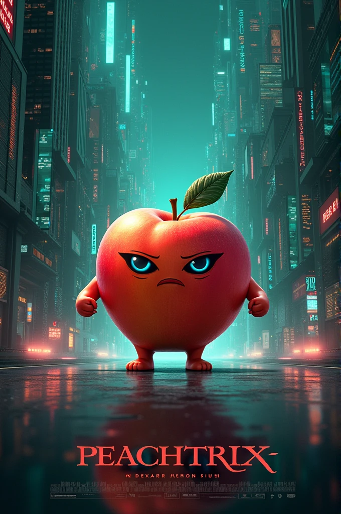 The matrix movie poster but replace the human with peach with the movie title "peachtrix" and release date and a text saying "made by pixar"