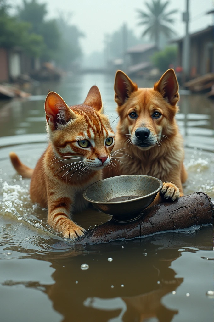 Generate an image where a cat of Indian breed trying to save him from the flood holding a bowl in Bangladesh flood while a dog of indian breed trying to hold on to a log crying for help.
Both are cute