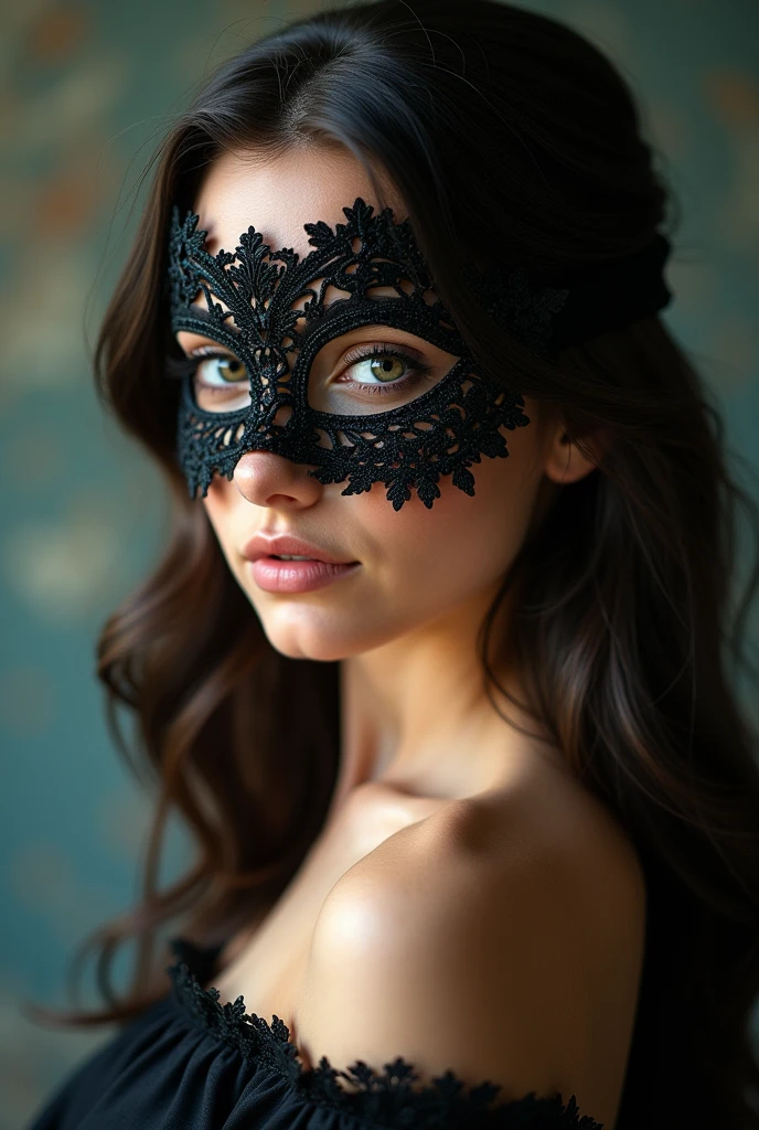 (high definition photography:1.6), Best Quality, professional portrait, ultra detailed, 8k, Professional lighting, F2.8, head shot, pretty girl, Beautiful, Perfect skin, (long dark hair:1.3), very detailed eyes, mask, Heavy eye makeup, detailed skin, very busty, (Pale skin:1.2), bokeh
