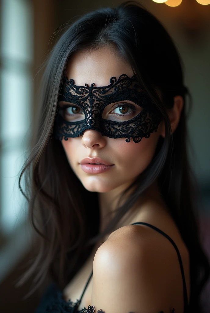 (high definition photography:1.6), Best Quality, professional portrait, ultra detailed, 8k, Professional lighting, F2.8, head shot, pretty girl, Beautiful, Perfect skin, (long dark hair:1.3), very detailed eyes, mask, Heavy eye makeup, detailed skin, very busty, (Pale skin:1.2), bokeh