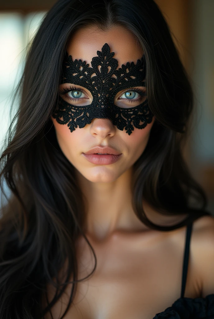 (high definition photography:1.6), Best Quality, professional portrait, ultra detailed, 8k, Professional lighting, F2.8, head shot, pretty girl, Beautiful, Perfect skin, (long dark hair:1.3), very detailed eyes, mask, Heavy eye makeup, detailed skin, very busty, (Pale skin:1.2), bokeh