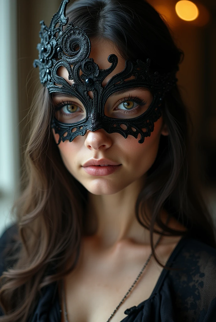 (high definition photography:1.6), Best Quality, professional portrait, ultra detailed, 8k, Professional lighting, F2.8, head shot, pretty girl, Beautiful, Perfect skin, (long dark hair:1.3), very detailed eyes, mask, Heavy eye makeup, detailed skin, very busty, (Pale skin:1.2), bokeh