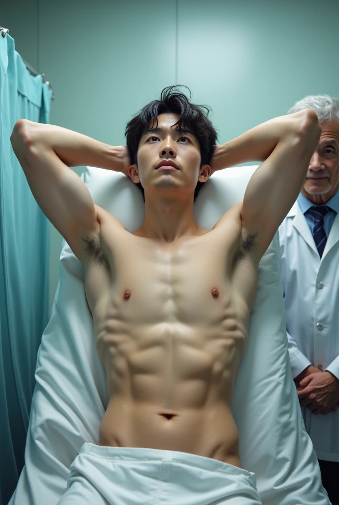 1boy、Handsome Men、Japanese male, 、Completely naked、Full nudity、erection、Huge penis、Highest quality、Realistic、beautiful、Sad look、Being examined at a hospital、An elderly doctor in a white coat next to him、Arms above head、Photo Quality