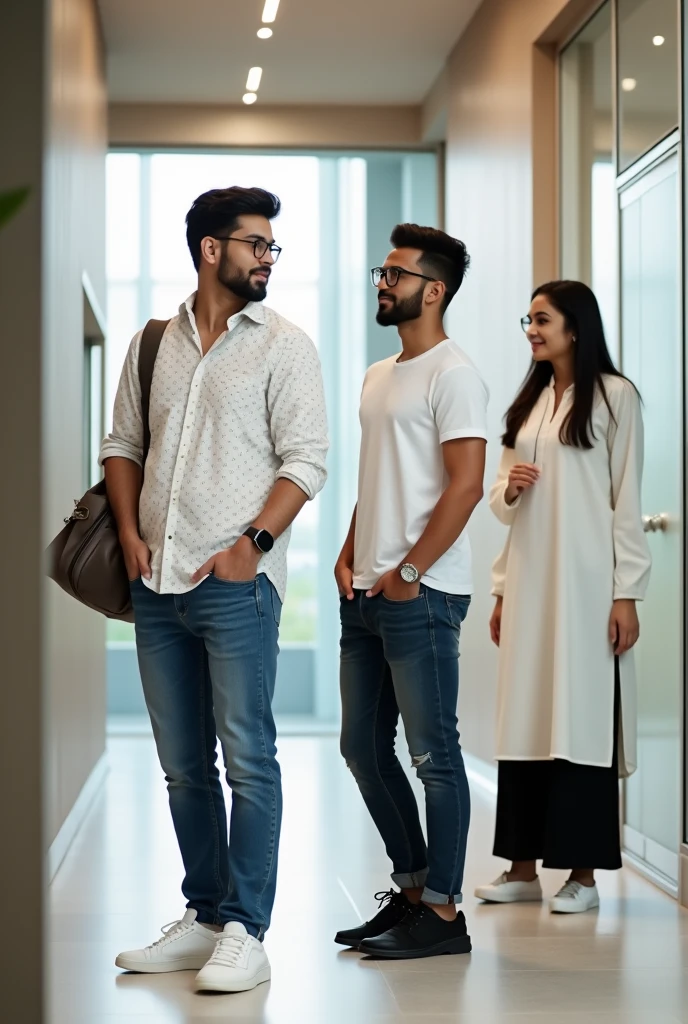 2 young men are waiting for their girlfriends in the reception area of the office, one young man is wearing a white printed shirt, jeans, white shoes and smart watch and the other is wearing a white full sleeve t-shirt, jeans, glasses and black sneakers, while the other is wearing a white Indian suit, black pallazo, white shoes and specs, his girlfriend comes