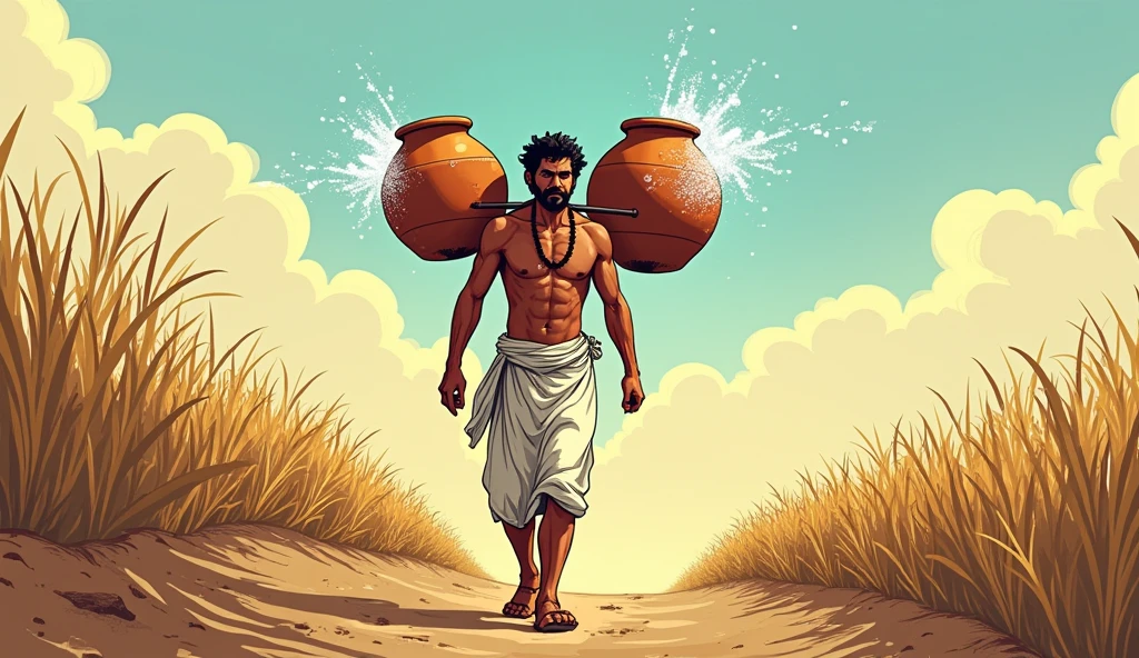 Dhruv Carrying Water from the Well
Description: In a comic style, Dhruv is shown carrying two large clay pots filled with water on a yoke across his shoulders. He’s walking from a well back to his field. His clothes remain the same—a white dhoti and a brown kurta, now slightly wet from the water splashes. The background shows a dusty path leading to his parched fields.