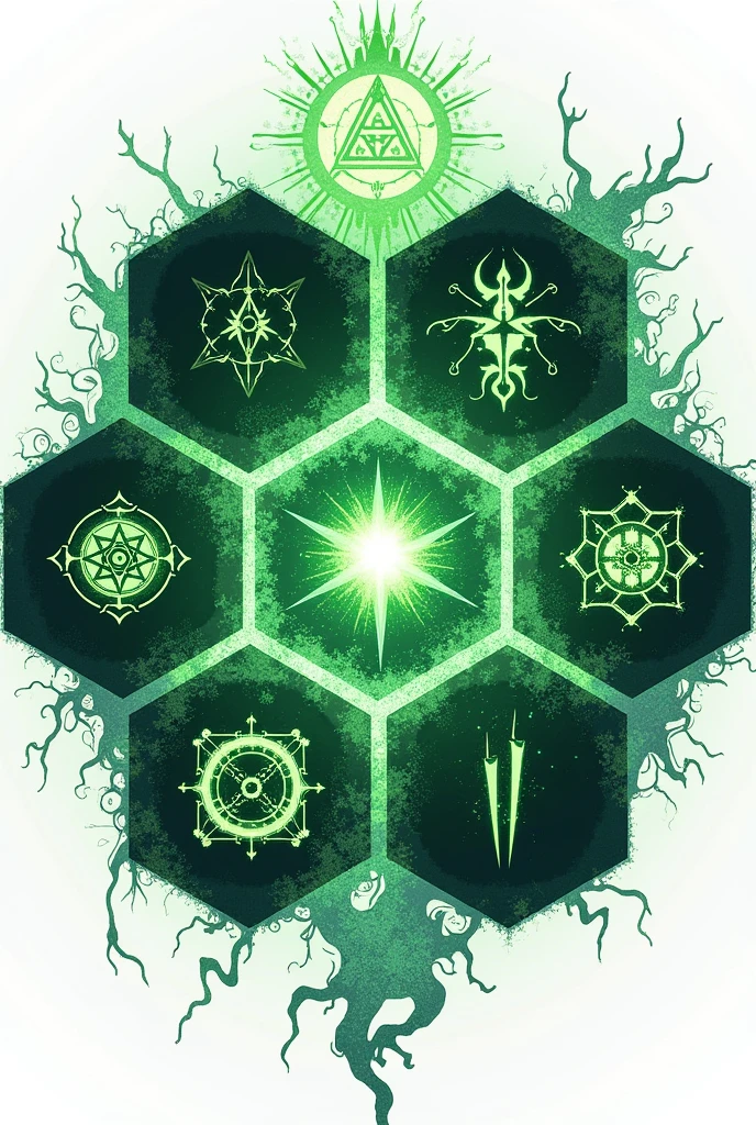 Enchanted hexagon print magic with signs magic for game square green no people background white anime style