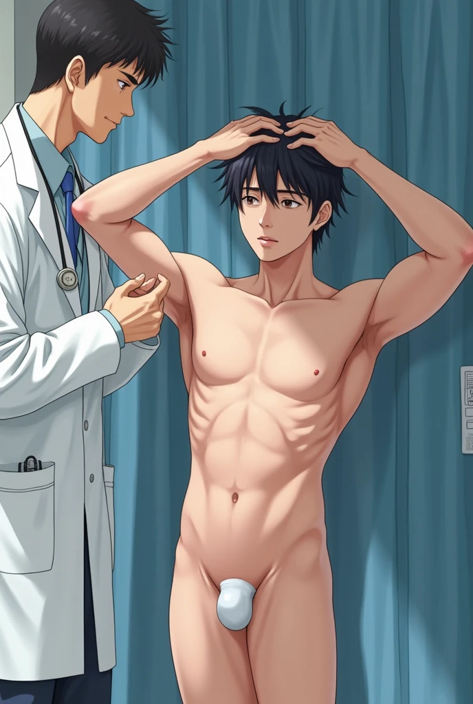 1boy、Handsome Men、Japanese male, 、Completely naked、Full nudity、erection、Huge penis、Highest quality、Realistic、beautiful、Sad look、Being examined at a hospital、A doctor in a white coat next to me、Arms above head、Photo Quality