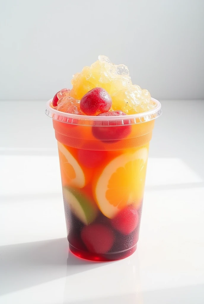 Iced jelly on top with fruity in the clear thick plastic cup white background