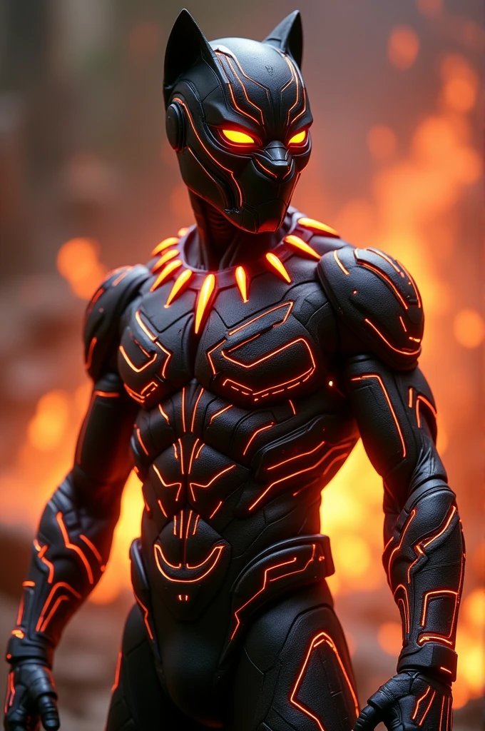 Here is a detailed description of the image in point form:
1. **Character**: The image shows a humanoid figure, resembling a superhero, with a design similar to Marvel's Black Panther but with a distinctive twist.
2. **Suit Design**: The suit is sleek, predominantly black, with intricate patterns that glow in fiery orange-red hues. The patterns resemble technological circuitry, giving the suit a high-tech, futuristic look.
3. **Helmet**: The character wears a helmet with sharp, cat-like ears and glowing orange eyes. The helmet's design is angular, with lines that complement the glowing patterns on the suit.
4. **Glow Effects**: The entire suit appears to be infused with energy, as it glows with fiery orange accents. The glow is most prominent on the chest, shoulders, and helmet, where the light seems to emanate from within the suit.
5. **Background**: The background is a blurred scene of intense orange and red, suggesting an environment filled with flames, embers, or molten lava. The fiery background enhances the sense of heat and power emanating from the character.
6. **Pose**: The character is shown in a strong, confident pose, looking off to the side, with a slight tilt of the head, emphasizing the determined expression suggested by the glowing eyes.
7. **Overall Mood**: The image conveys a powerful, almost volcanic energy, combining the sleekness of a technologically advanced suit with the primal force of fire and heat.